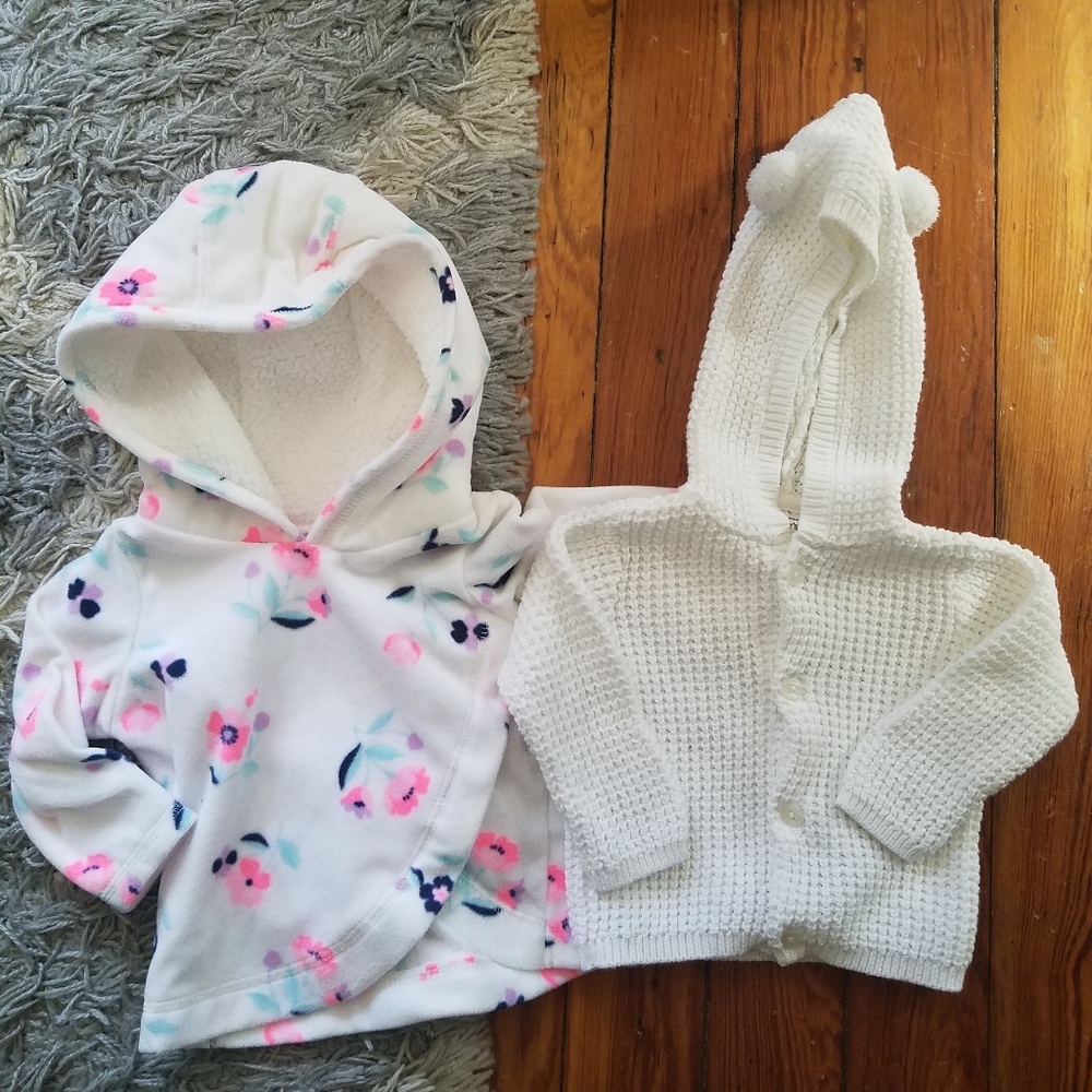 Carter's Fleece Floral‎ Hoodie and Bear Ears Waffle Rib Knit Cardigan 6 M